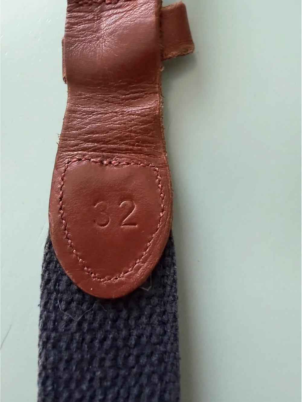 Navy Blue Fish Pattern Woven Belt with Brown Leather Accents Size 32